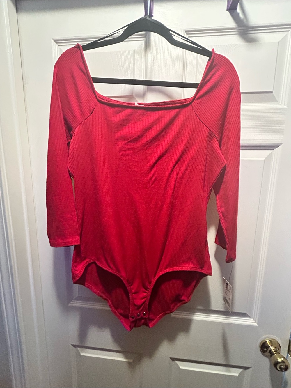 NY Collection Red Ribbed Long-Sleeve Bodysuit